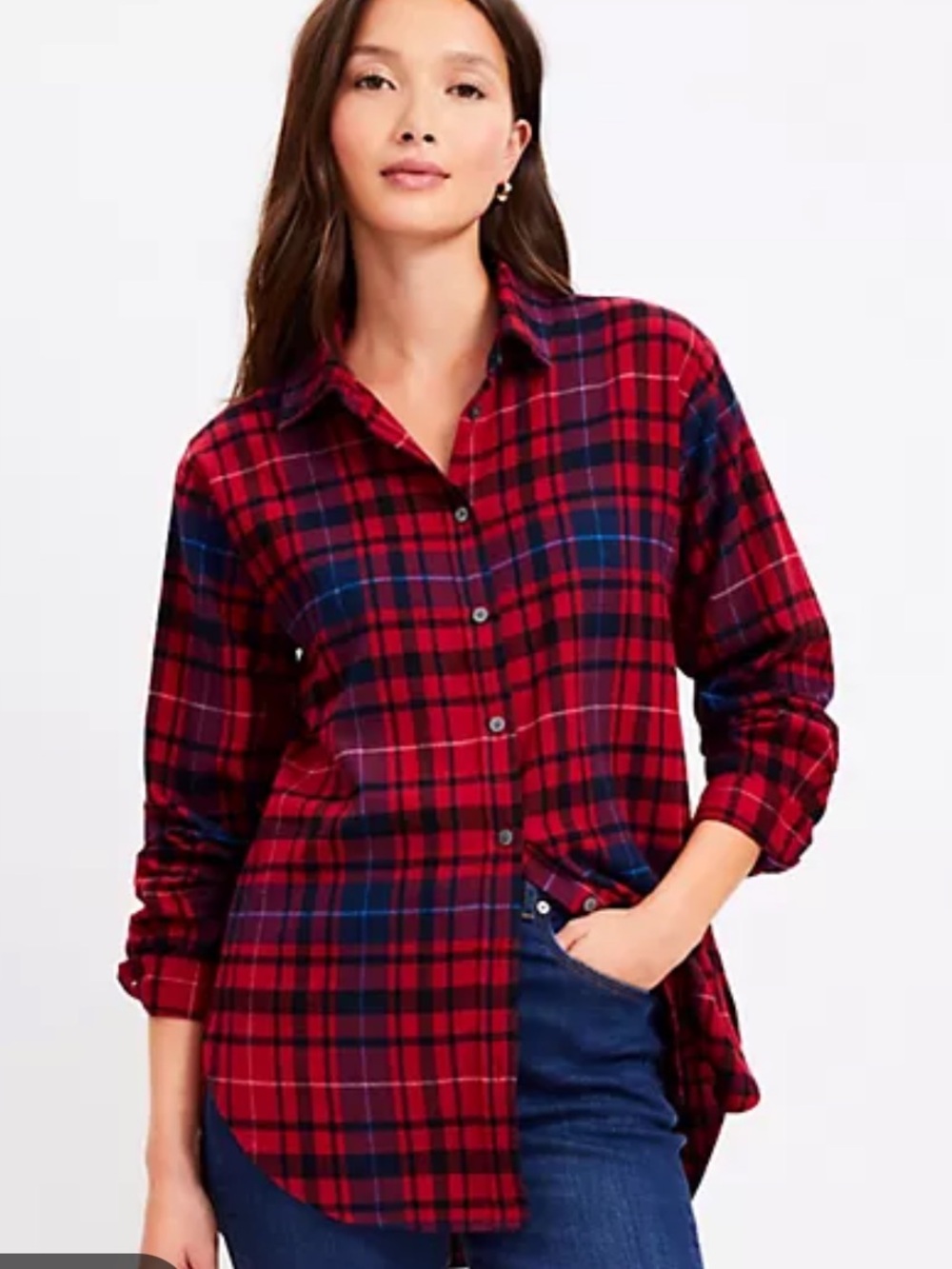 NWT LOFT Plaid Flannel Tunic Length Button Up Small